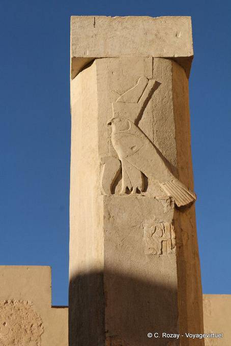 Horus name embossed on a column in the yard, third Terrace, Temple of Hatshepsut - Egypt