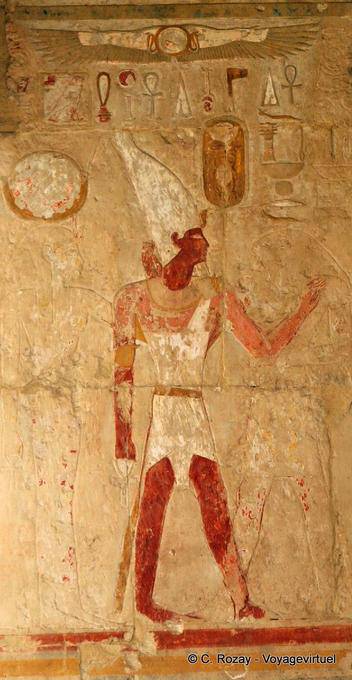 Ancient colors, bas-relief of a pharaoh wearing the crown Hedjet Temple of Hatshepsut - Egypt
