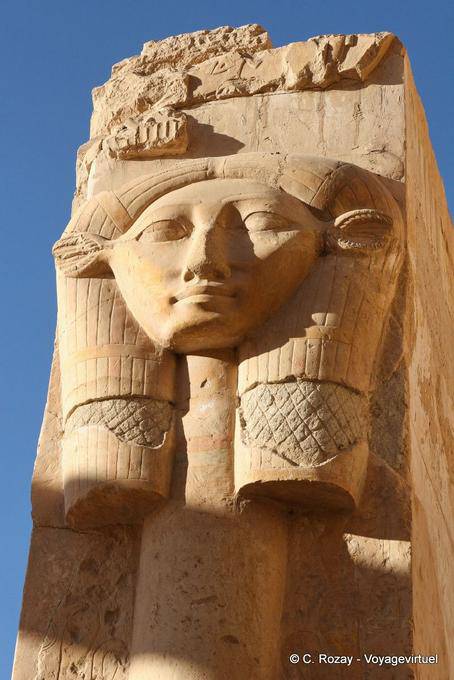 Hathor representation cow's ears on a fluted column, Hatshepsut Temple - Egypt