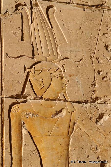 Pharaoh miter crown Atef, relief, temple of Hatshepsut - Egypt