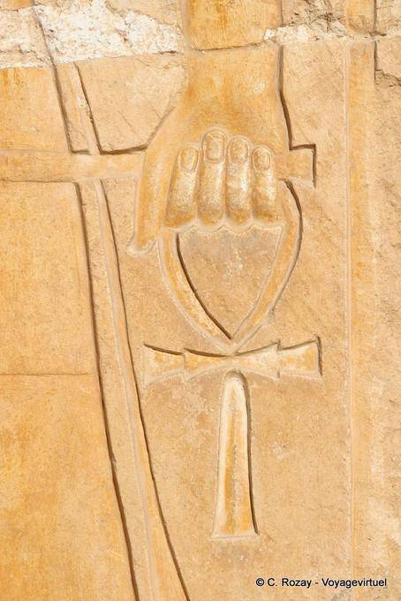 Hand holding the cross of life (or ankh ankh or cross), relief, temple of Hatshepsut - Egypt