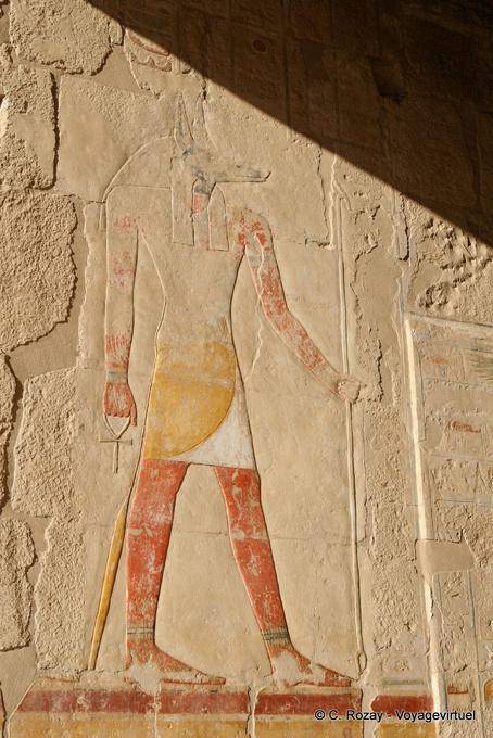 Anubis with the was scepter (left hand) and the ankh (right), Hatshepsut Temple - Egypt