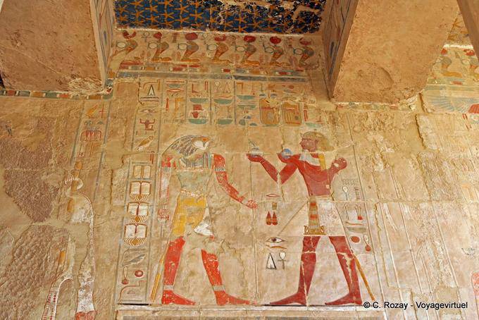 Hatshepsut Temple, Chapel of Anubis, offering to Horus polychrome wall - Egypt