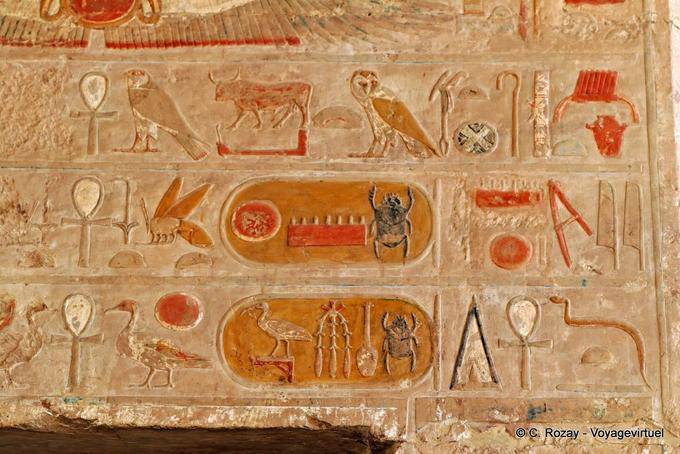 Cartridges and hieroglyphic symbols painted temple of Hatshepsut - Egypt