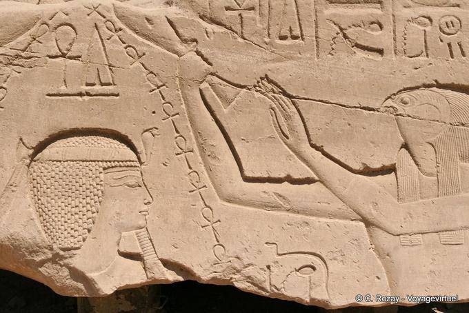 Horus and the king to the false beard, relief, Karnak Temple - Egypt