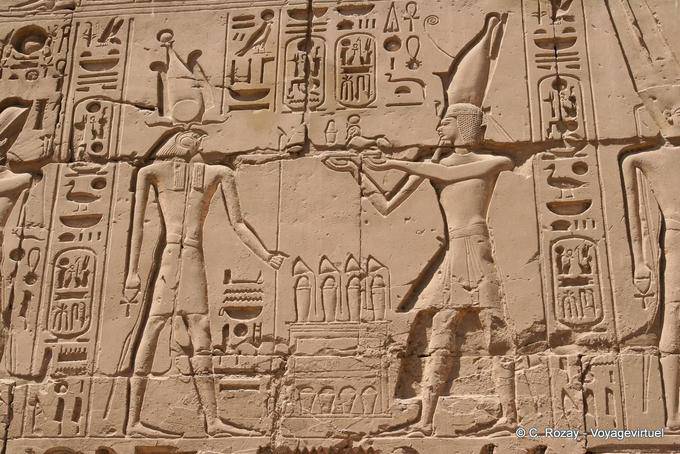 Offering of scene sphynx Horus by the king, relief, Karnak Temple - Egypt