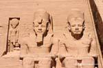 The two colossi of Ramses right sun, Re (Ra), the Great Temple, Abu Simbel, Egypt.