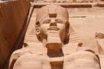Head of Ramses II wearing the double crown (pschent), Royal Sailing (Nemes) and the uraeus (cobra), Abu Simbel, Egypt.