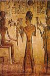 Ramses II offering to the goddess Hathor lotus the Golden, inside the speos Queen, Abu Simbel, Egypt.
