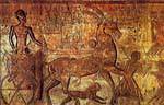 Battle of Kadesh, Ramses in his chariot with a lion leaping at his side, Meha temple Abu Simbel, Egypt.