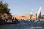 Feluccas, rocks, desert Nile, Aswan, Egypt.