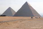 In the morning mist, the pyramids of Khufu and Khafre, Egypt.