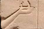 Hand holding an offering relief fragment, Karnak Temple, Egypt.