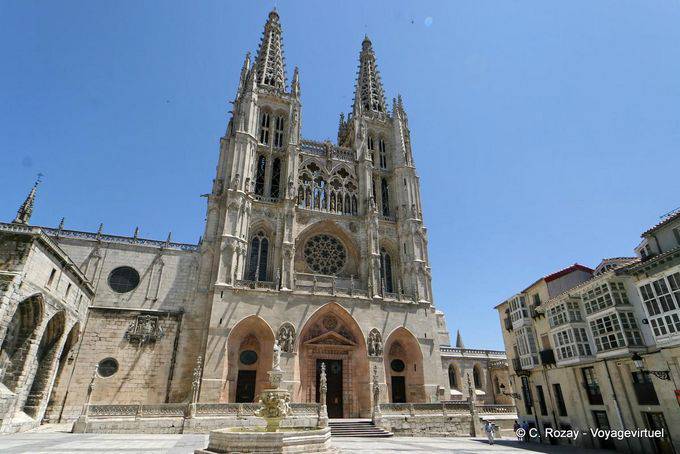 Facade of the cathedral and fountain of St. Mary, Burgos - Spain