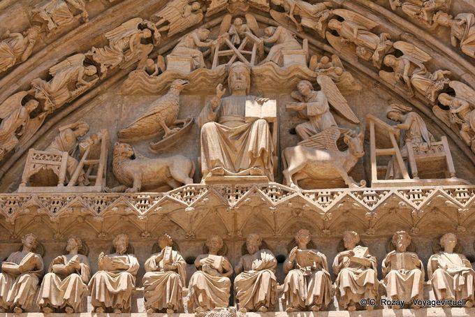 Tympanum of the Puerta Sarmental with Christ, the Book of Wisdom in hand, surrounded by the four evangelists, Santa Maria Cathedral, Burgos - Spain