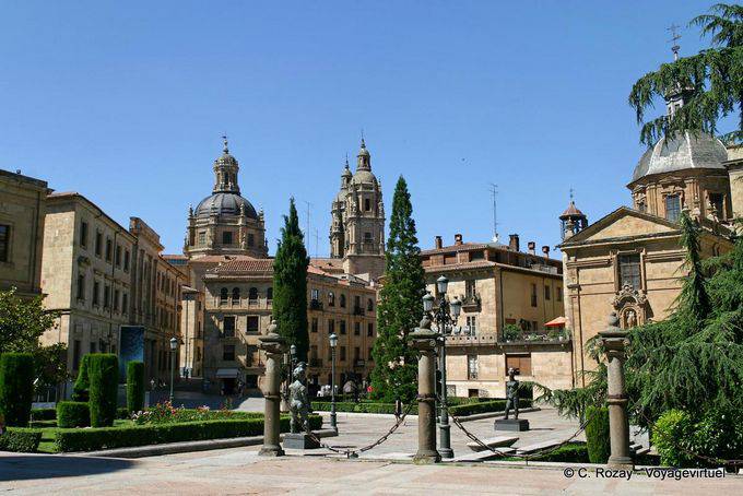 Statues face to face, Anaya plaza, overlooking Iglesia de la Clerecía Salamanca - Spain