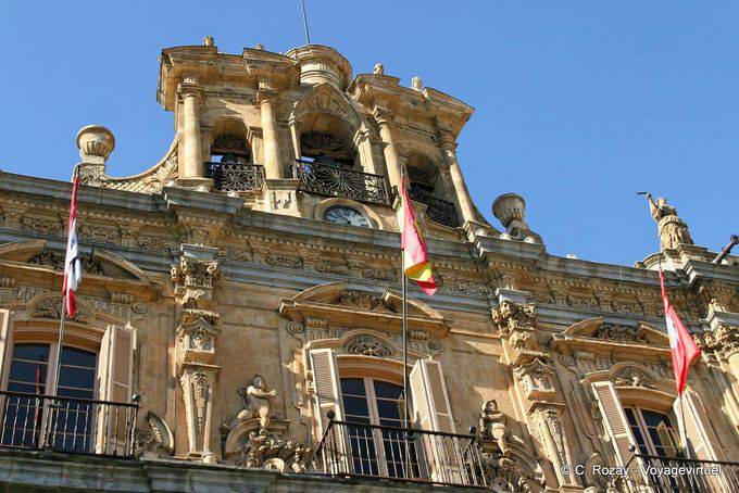 Salamanca, perspective on the top of the town hall, Plaza Mayor - Spain