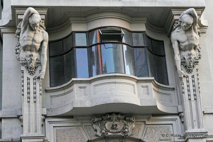 Atlas Stone in balcony, 42 Calle del Coso, facing the calle Alfonso 1, Zaragoza - Spain
