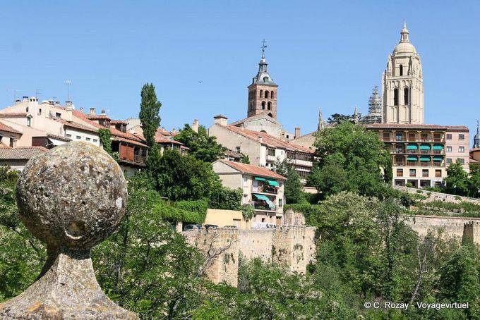 View of the towers of the Cathedral and San Esteban from the Alcazar, Segovia - Spain