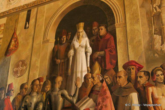 Fresco depicting the coronation of Queen Isabella the Catholic, work of Carlos Muñoz de Pablos, Hall of the galley, Alcazar, Segovia - Spain