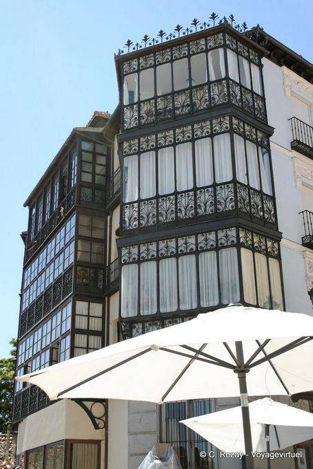 Typical ironwork balconies, corner of Calle Cervantes and Juan Bravo, Segovia - Spain