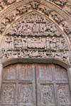 Tympanum of the San Juan Door representing the cycle of the Nativity of Jesus, Visitation, Nativity, Adoration of the Shepherds, Herod, Epiphany and Massacre of the Innocents, León Cathedral, Spain.