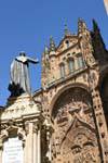 Statue in front of Portada del Nacimento, west facade, Nueva Cathedral, Salamanca, Spain.