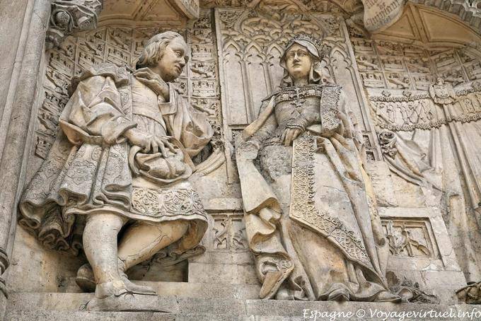 Christopher Columbus and Queen Isabella, detail of the Columbus monument, Plaza Colon, Madrid - Spain