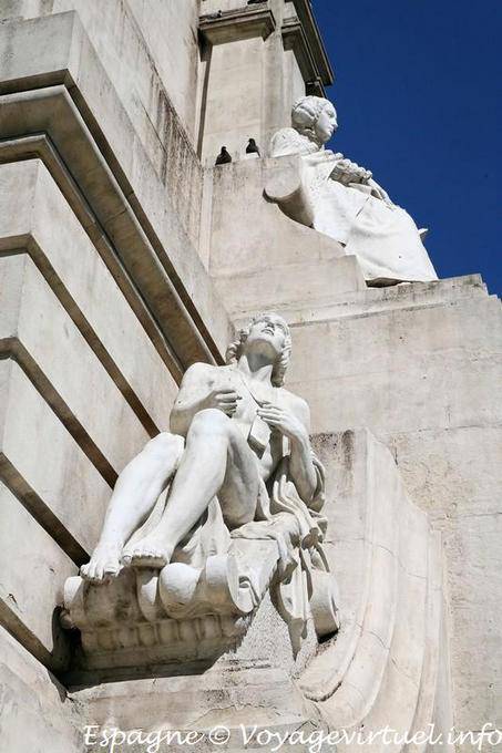 View Dulcinea del Toboso statues and that of below, monument to Cervantes, Plaza de Espana, Madrid - Spain