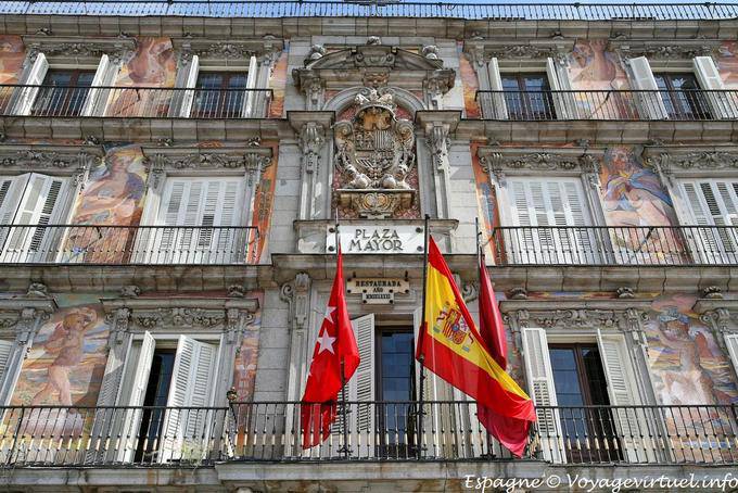 Madrid, Plaza Mayor, flags and shield - Spain