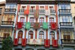 Festive preparations on a facade, Plaza Zocodover, Toledo, Spain.