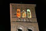 Top of the illuminated steeple, Santo Domingo el Antiguo, Toledo, Spain.