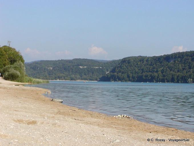 One of the beaches of Lake Chalain, Jura, France