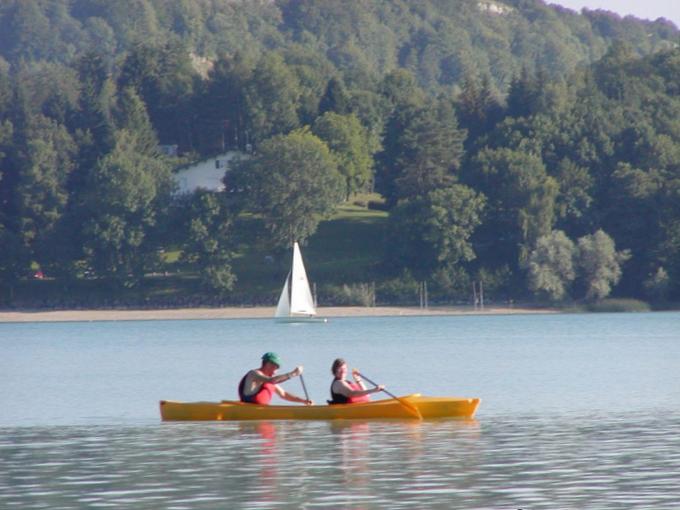 A rowing on Lake Chalain, Jura, France