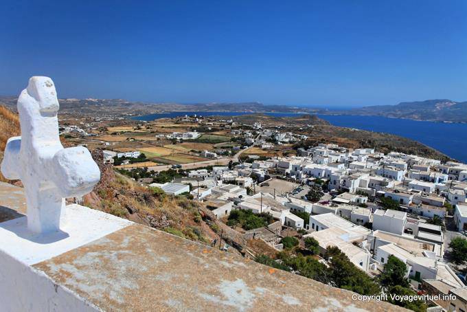 Milos, Plaka, cross and landscape from Panagia Thalassitra - Greece