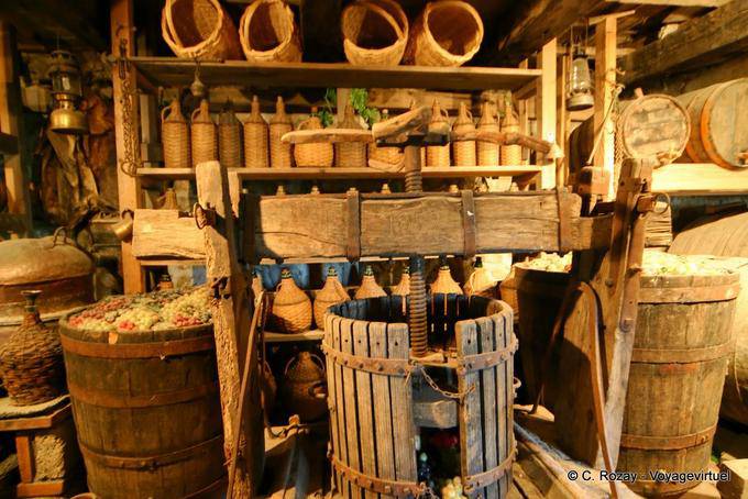 Carboys and press in a cave monastery Great Meteoron, Meteora - Greece