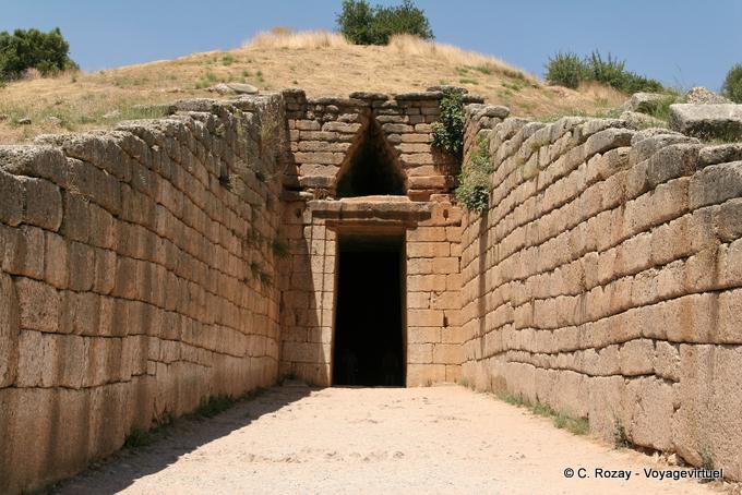Door and triangle cantilevered from the tomb called the Treasury of Atreus, Mycenae - Greece