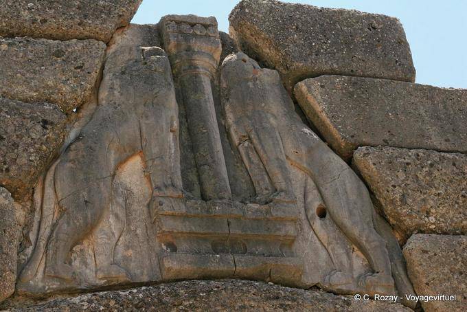 Carved plate of the Lion Gate, the main entrance to the archaeological site of Mycenae - Greece