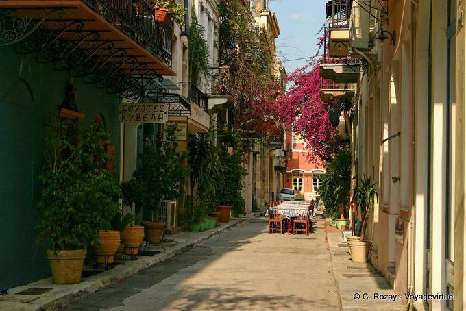 Nafplio, restaurant tables in a street - Greece