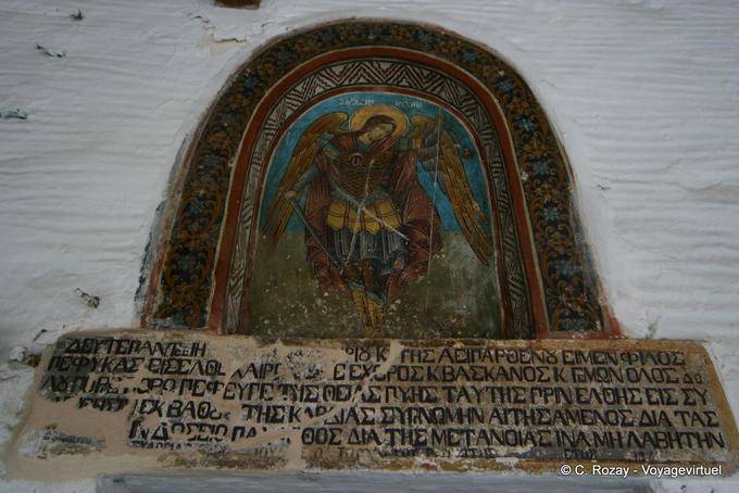 Angel and painted inscription on the church, Milies, Pelion - Greece