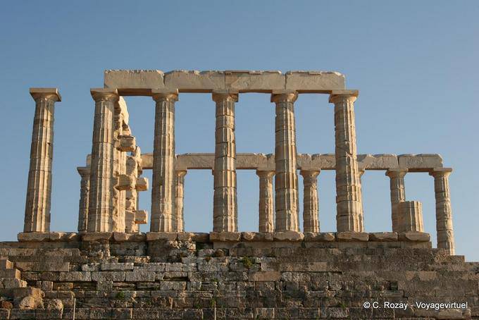 Hexastyle rectangular temple which there are 15 columns of the 42 original, Cape Sounion - Greece