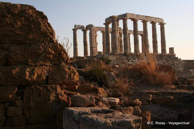 Another view of the Temple of Poseidon in the light of the sunset, Cape Sounion - Greece