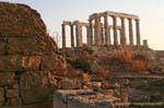 Another view of the Temple of Poseidon in the light of the sunset, Cape Sounion, Greece.