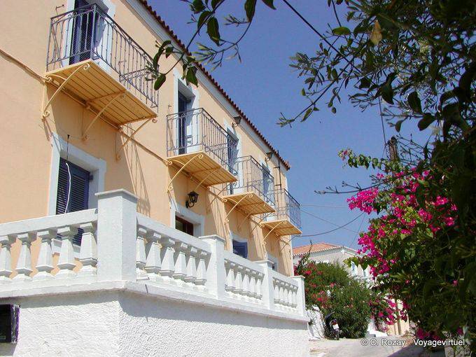 Balconies on a street in Spetses - Greece