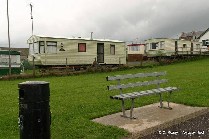 Bench and mobile home on gray sky, Bundoran Donegal - Ireland