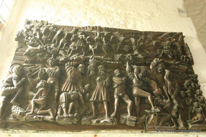 Abraham and Isaac, high relief hunting scenes, woodcut, Grand Hall, Bunratty Castle - Ireland
