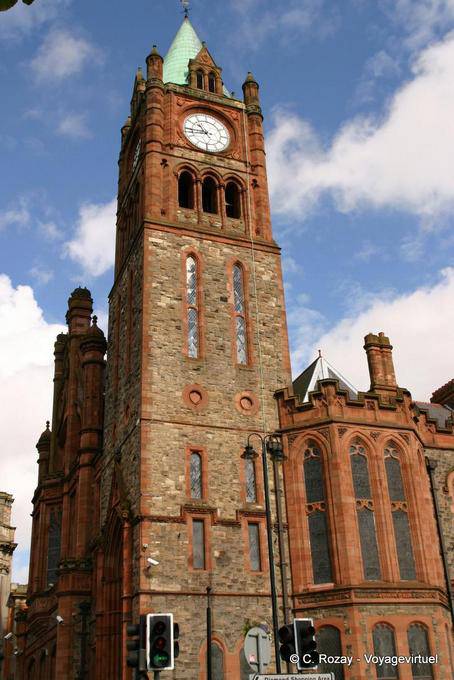 Clock tower of the Guildhall, the only survivor of the 1908 fire, Derry - Nothern Ireland