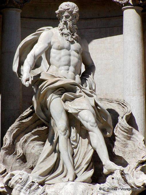 Focus on Neptune, the god Oceanus, Trevi Fountain, Rome - Italy