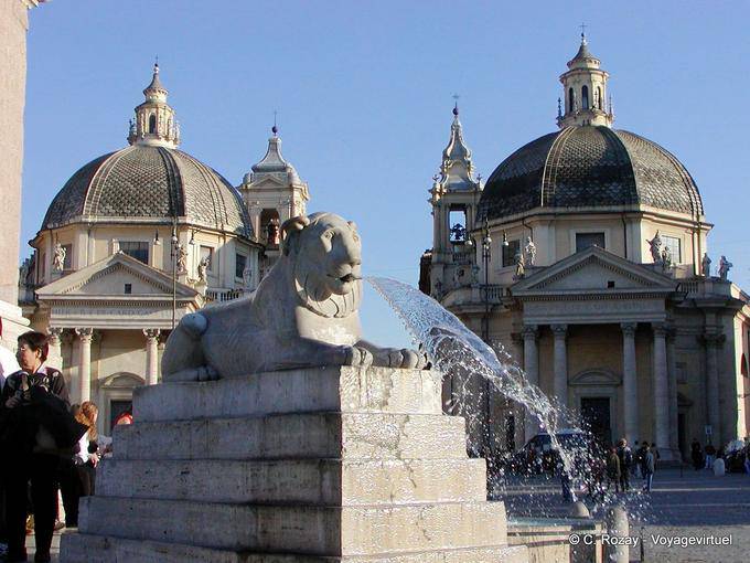 Lion fountain in front of the domes of Santa Maria in Montesanto and Santa Maria dei Miracoli, Piazza del Popolo, Rome - Italy
