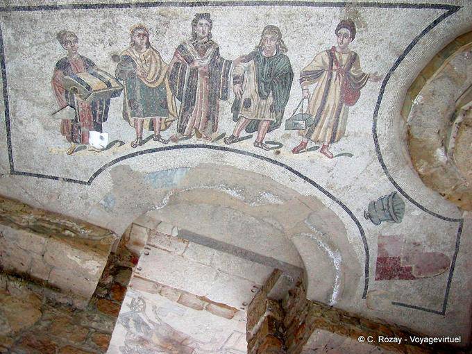 Nobles and peasants, mosaic at the entrance of the baths, Villa Casale - Italy